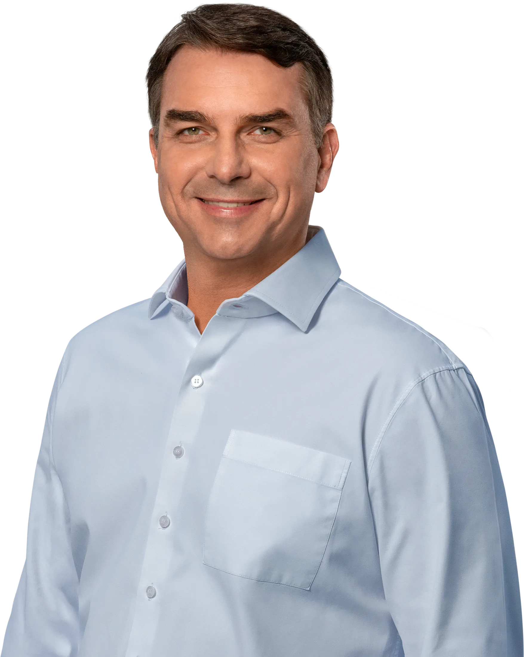 Retrato de Flávio Bolsonaro com camisa azul-clara e o rosto em destaque